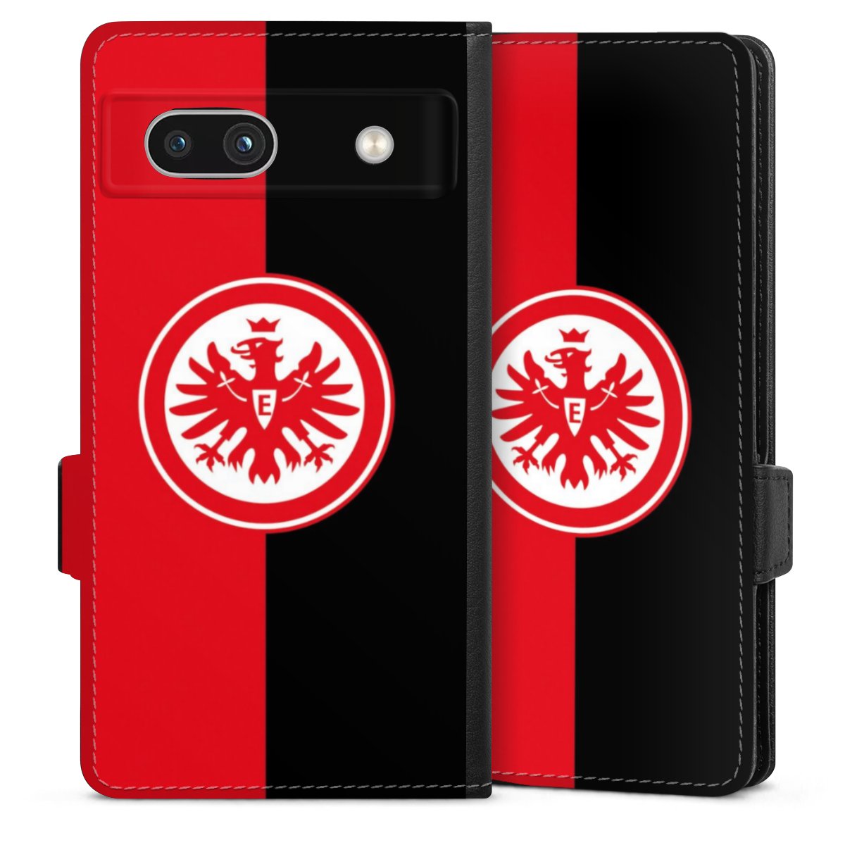 Google Pixel 7a Handy Klapphülle Handyhülle aus Kunst Leder schwarz Flip Case Official Licensed Product Eintracht Frankfurt Sge Sideflip mit Lasche