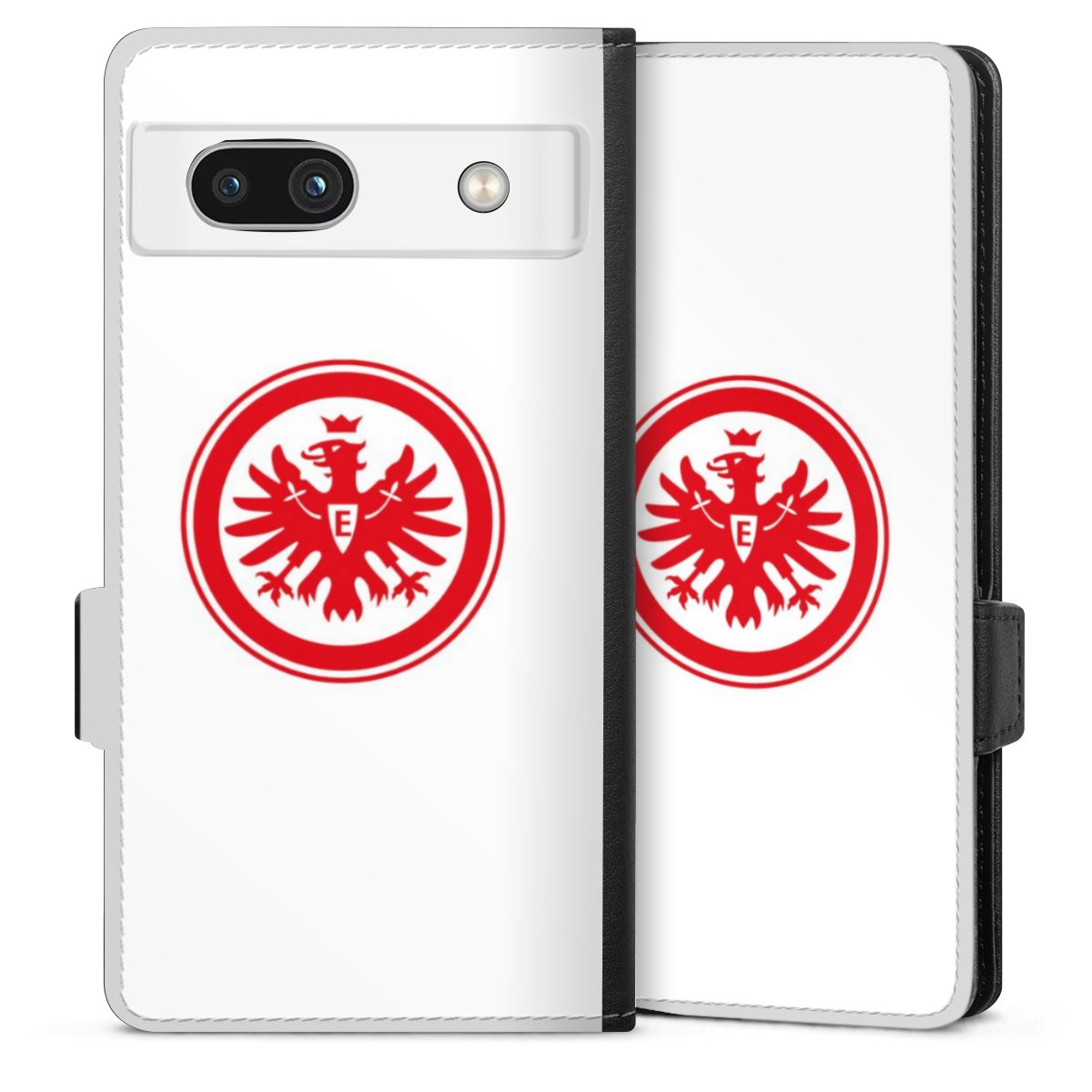 Google Pixel 7a Handy Klapphülle Handyhülle aus Kunst Leder schwarz Flip Case Sge Eintracht Frankfurt Official Licensed Product Sideflip mit Lasche