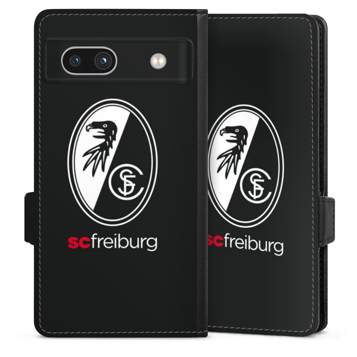 Google Pixel 7a Handy Klapphülle Handyhülle aus Kunst Leder schwarz Flip Case Official Licensed Product Sc Freiburg Coat Of Arms Sideflip mit Lasche