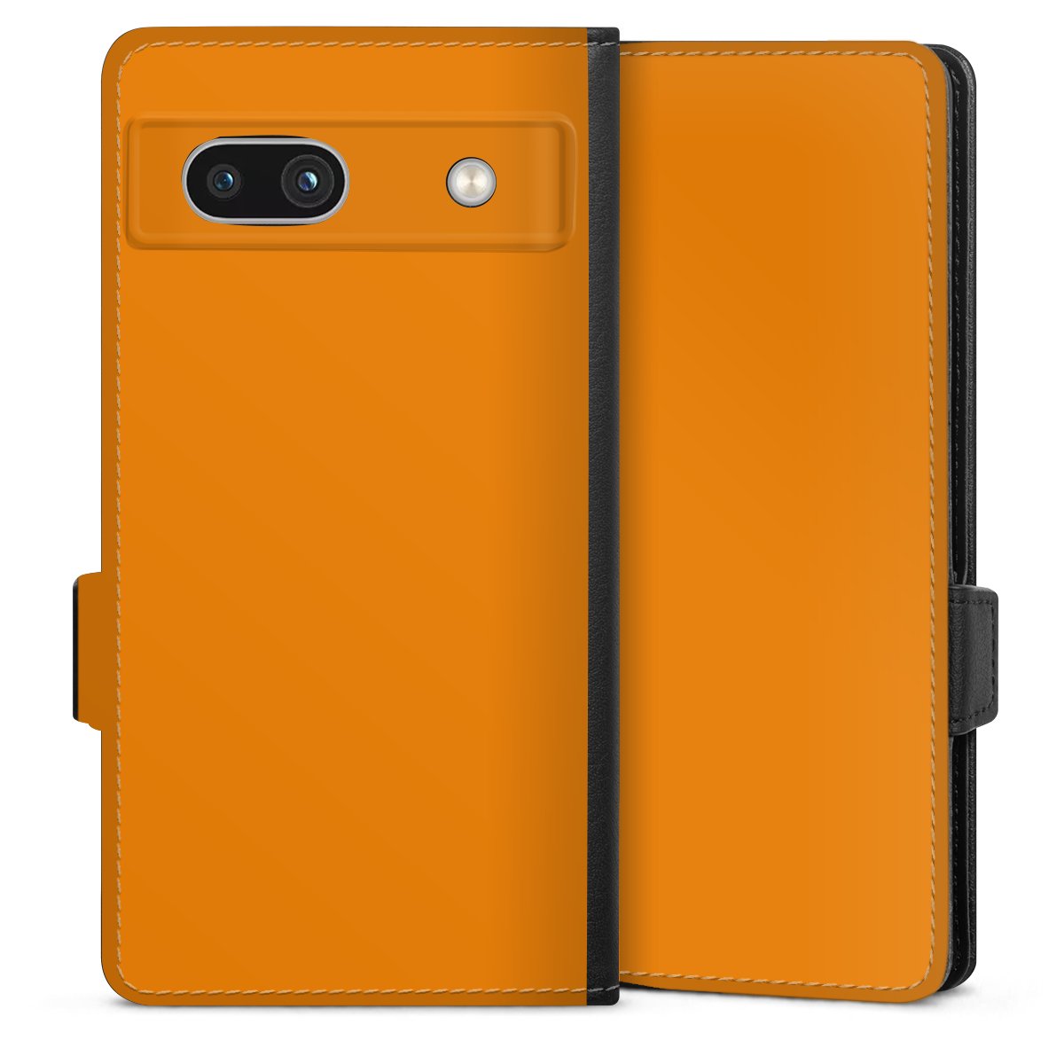 Google Pixel 7a Handy Klapphülle Handyhülle aus Kunst Leder schwarz Flip Case Unicoloured Colour Orange Sideflip mit Lasche