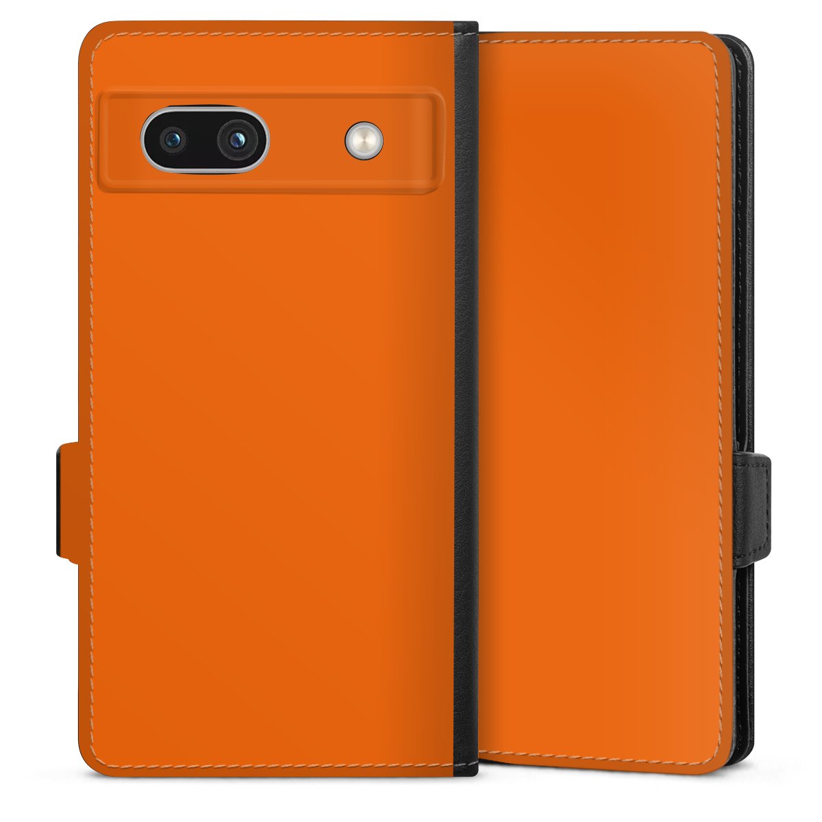 Google Pixel 7a Handy Klapphülle Handyhülle aus Kunst Leder schwarz Flip Case Orange Colour Unicoloured Sideflip mit Lasche