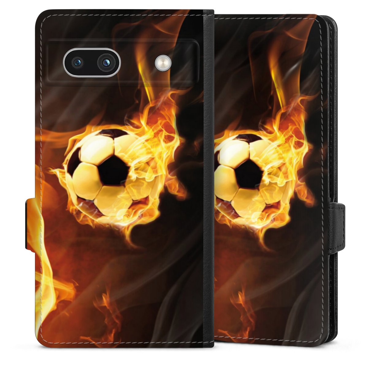 Google Pixel 7a Handy Klapphülle Handyhülle aus Kunst Leder schwarz Flip Case Ball Fire Soccer Sideflip mit Lasche