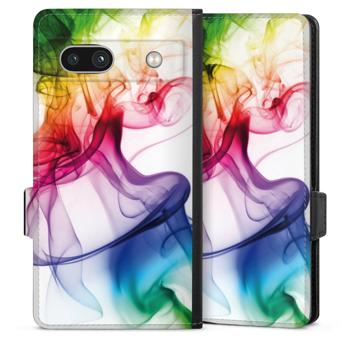 Google Pixel 7a Handy Klapphülle Handyhülle aus Kunst Leder schwarz Flip Case Water Colour Rainbow Sideflip mit Lasche