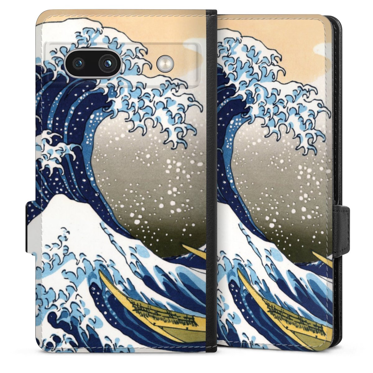 Google Pixel 7a Handy Klapphülle Handyhülle aus Kunst Leder schwarz Flip Case Kunst Katsushika Hokusai Die Große Welle Vor Kanagawa Sideflip mit Lasche