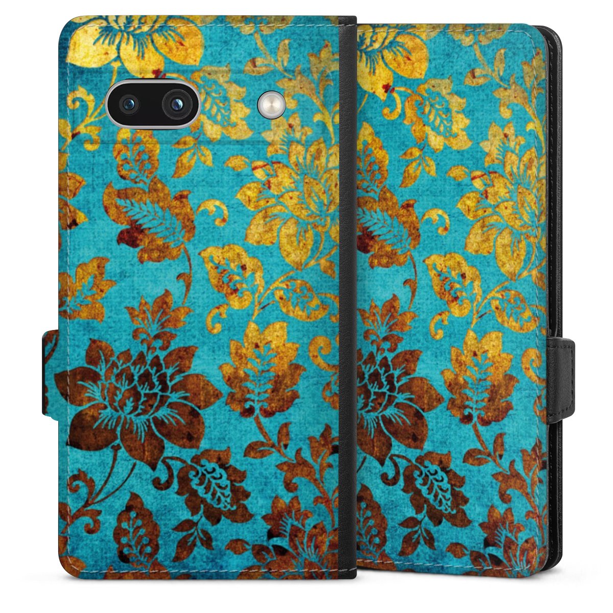 Google Pixel 7a Handy Klapphülle Handyhülle aus Kunst Leder schwarz Flip Case Ornament Vintage Flowers Sideflip mit Lasche