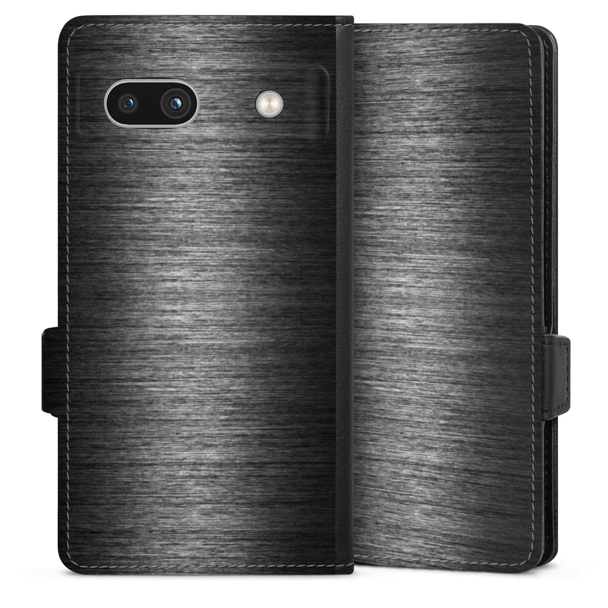 Google Pixel 7a Handy Klapphülle Handyhülle aus Kunst Leder schwarz Flip Case Metallic Look Anthracite Metal Sideflip mit Lasche