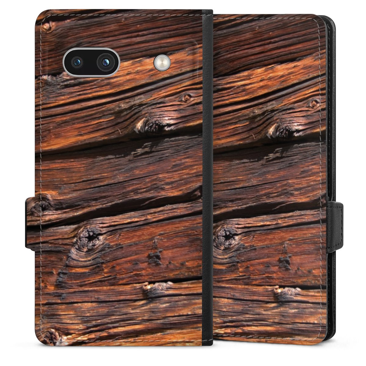 Google Pixel 7a Handy Klapphülle Handyhülle aus Kunst Leder schwarz Flip Case Beams Wooden Look Wood Sideflip mit Lasche