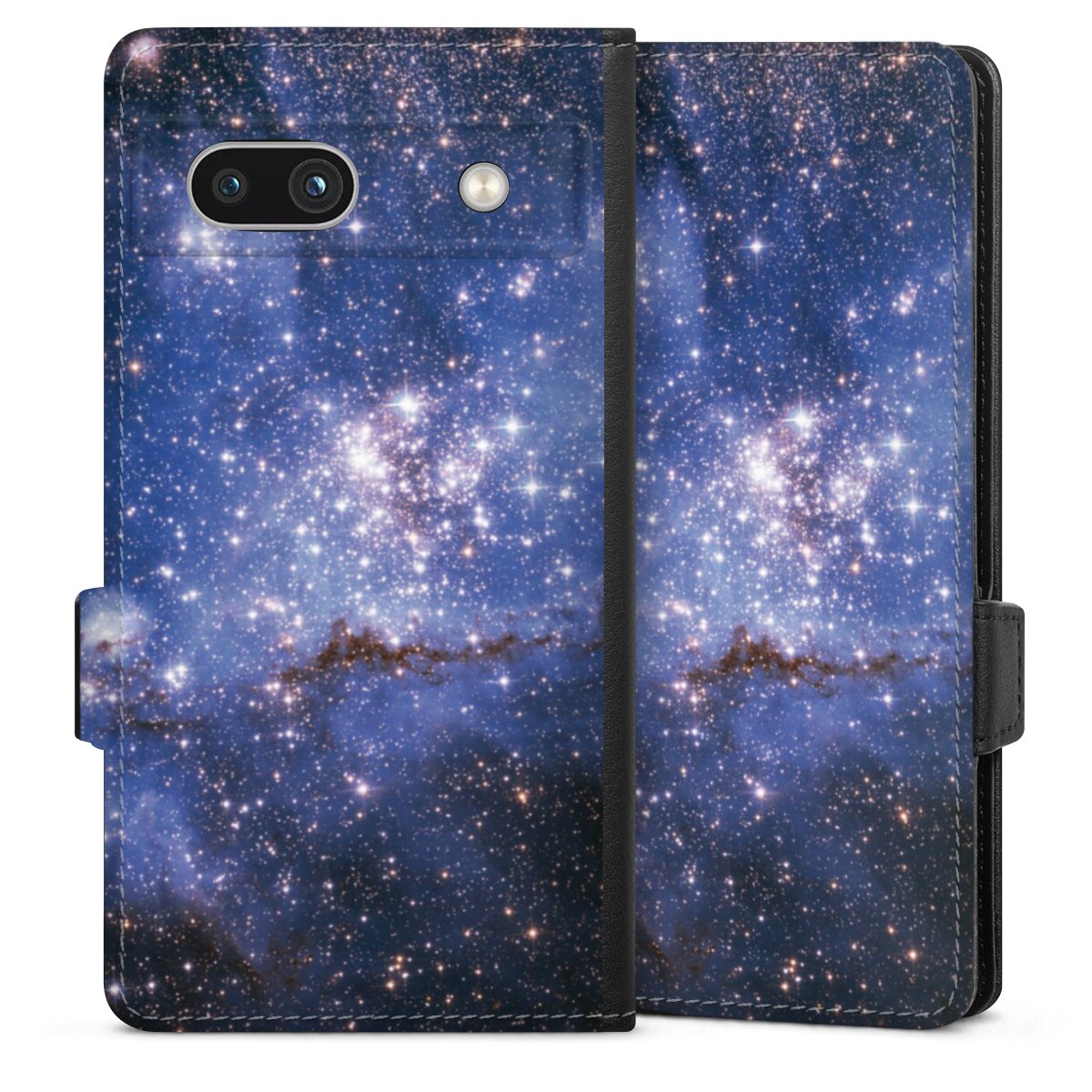 Google Pixel 7a Handy Klapphülle Handyhülle aus Kunst Leder schwarz Flip Case Weltall Galaxy Weltraum Sideflip mit Lasche