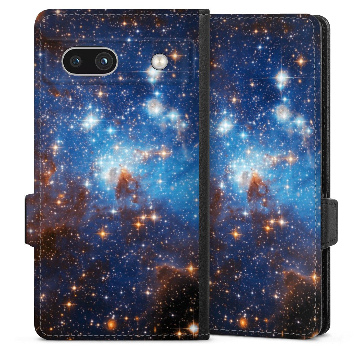 Google Pixel 7a Handy Klapphülle Handyhülle aus Kunst Leder schwarz Flip Case Star Weltall Galaxy Sideflip mit Lasche