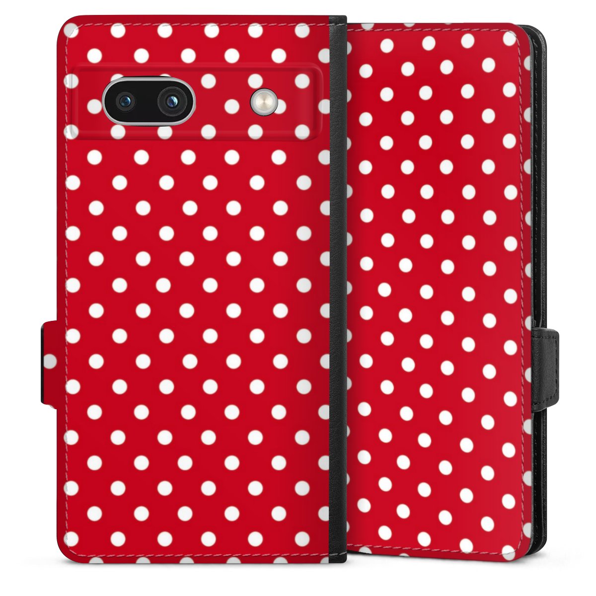 Google Pixel 7a Handy Klapphülle Handyhülle aus Kunst Leder schwarz Flip Case Points Polka Dots Retro Sideflip mit Lasche