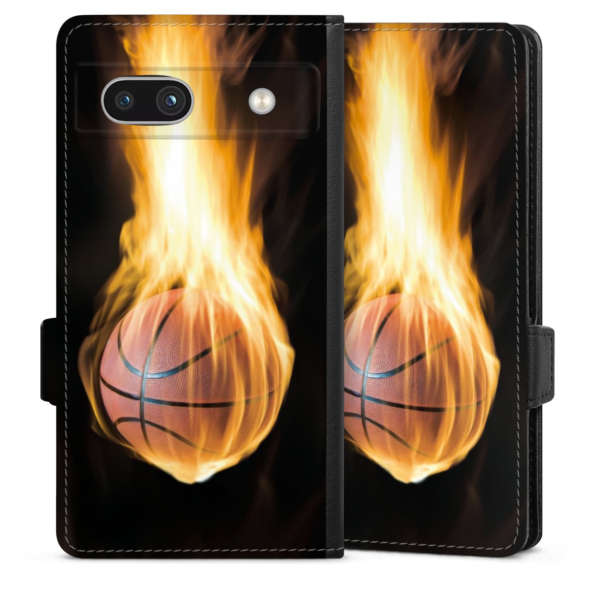 Google Pixel 7a Handy Klapphülle Handyhülle aus Kunst Leder schwarz Flip Case Basketball Sports Fire Sideflip mit Lasche