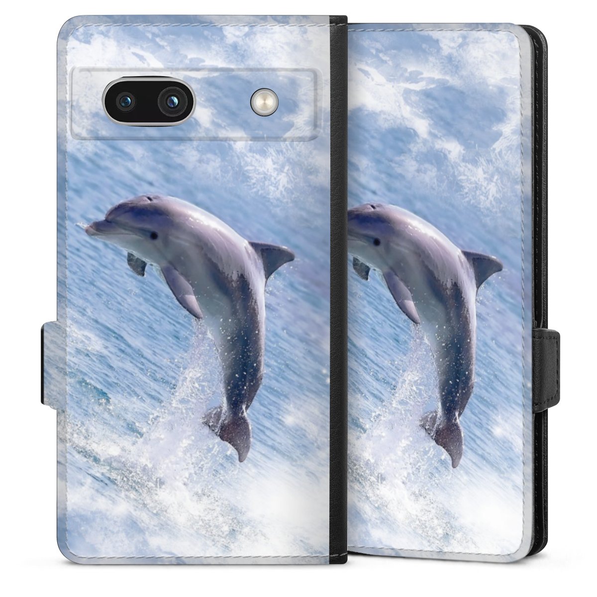 Google Pixel 7a Handy Klapphülle Handyhülle aus Kunst Leder schwarz Flip Case Dolphin Ocean Wale Sideflip mit Lasche