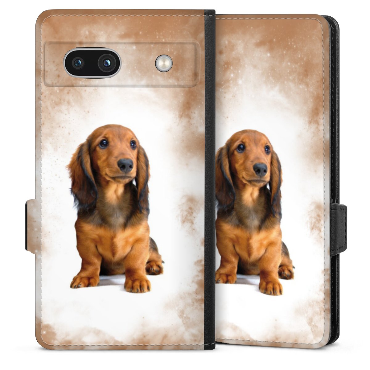 Google Pixel 7a Handy Klapphülle Handyhülle aus Kunst Leder schwarz Flip Case Dog Pet Dachshund Sideflip mit Lasche