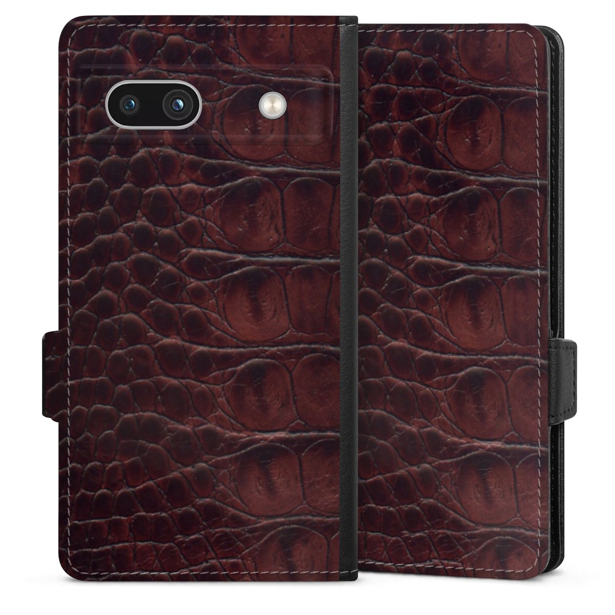 Google Pixel 7a Handy Klapphülle Handyhülle aus Kunst Leder schwarz Flip Case Crocodile Animal Print Leather Sideflip mit Lasche