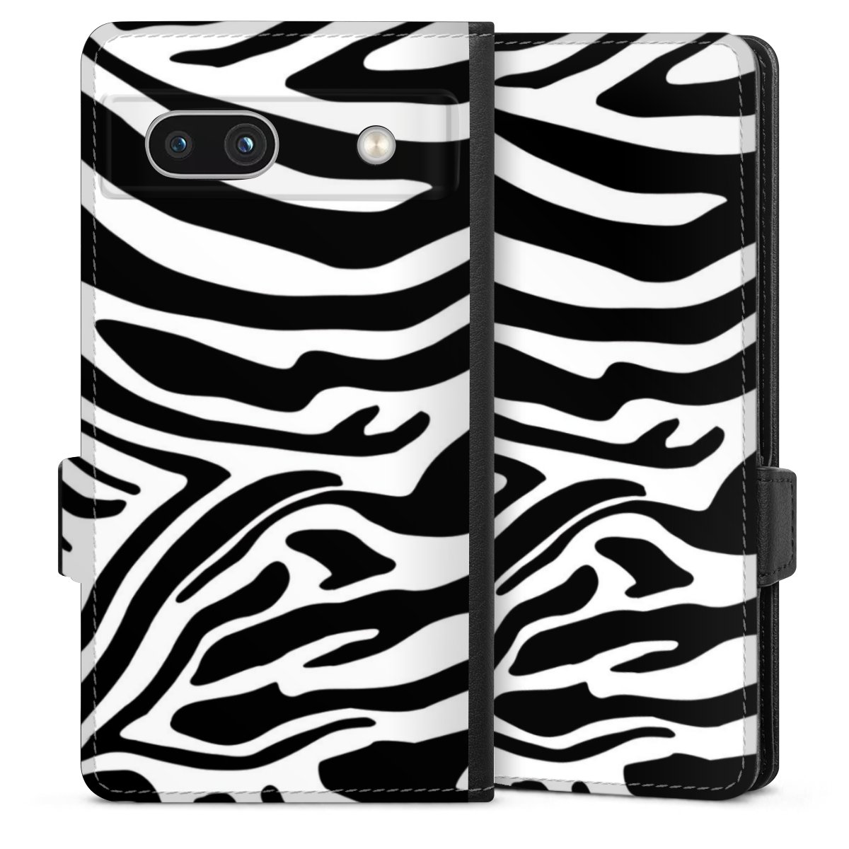 Google Pixel 7a Handy Klapphülle Handyhülle aus Kunst Leder schwarz Flip Case Zebra Animal Look Animal Print Sideflip mit Lasche