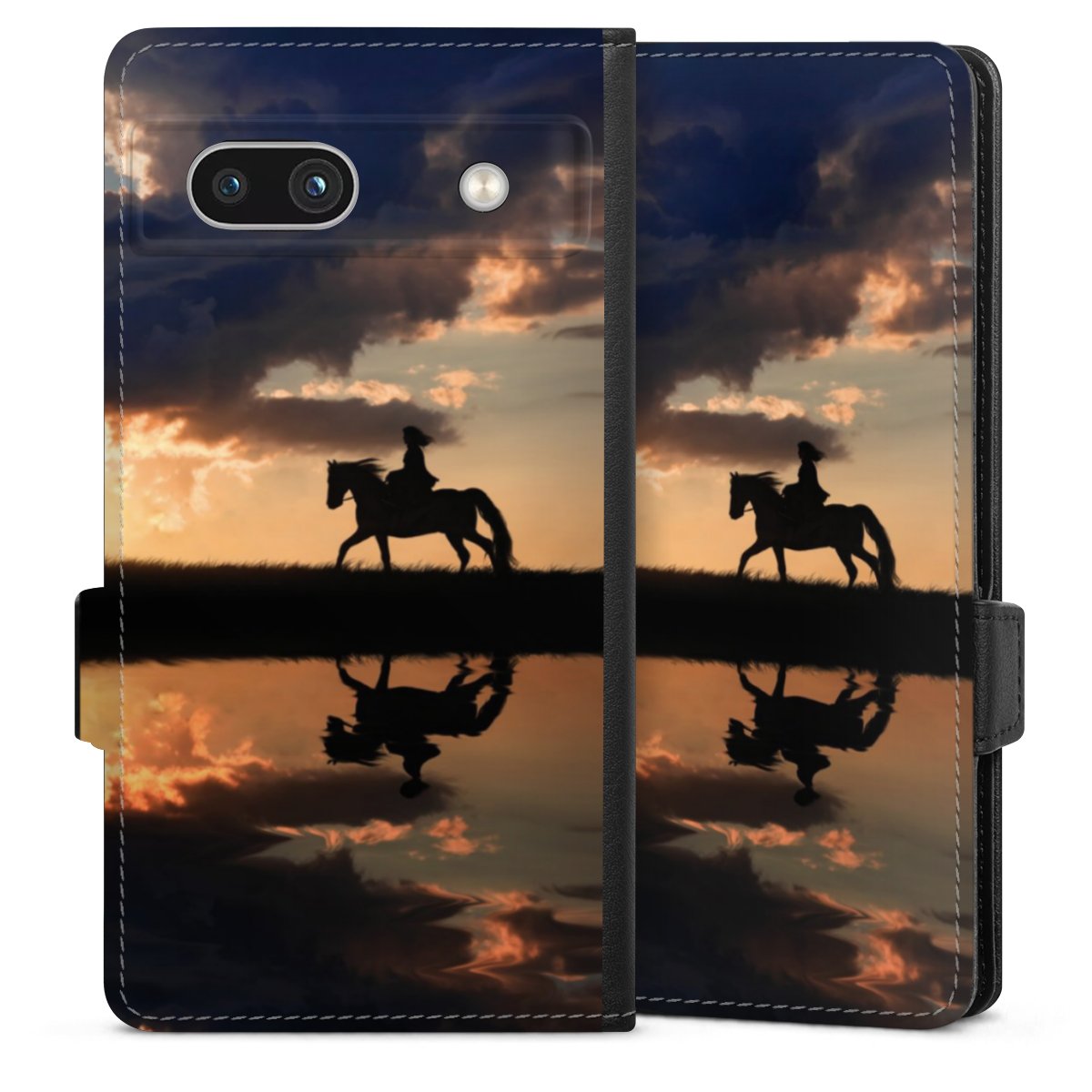 Google Pixel 7a Handy Klapphülle Handyhülle aus Kunst Leder schwarz Flip Case Horse Sunset Horseback Riding Sideflip mit Lasche