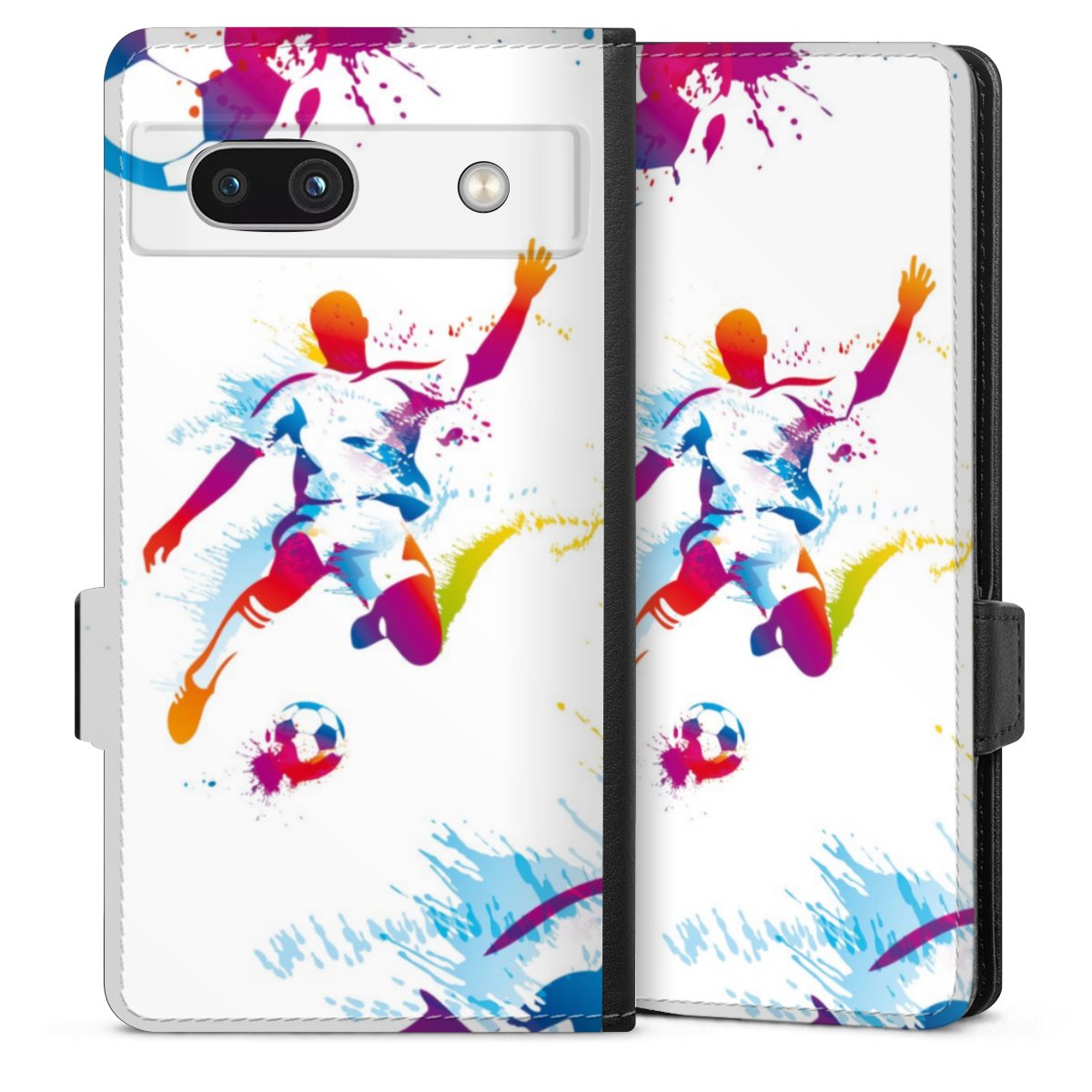 Google Pixel 7a Handy Klapphülle Handyhülle aus Kunst Leder schwarz Flip Case Sports Soccer Muster Sideflip mit Lasche