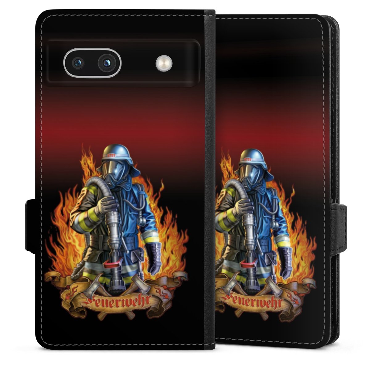 Google Pixel 7a Handy Klapphülle Handyhülle aus Kunst Leder schwarz Flip Case Job Fire Fighter Fire Fighters Sideflip mit Lasche