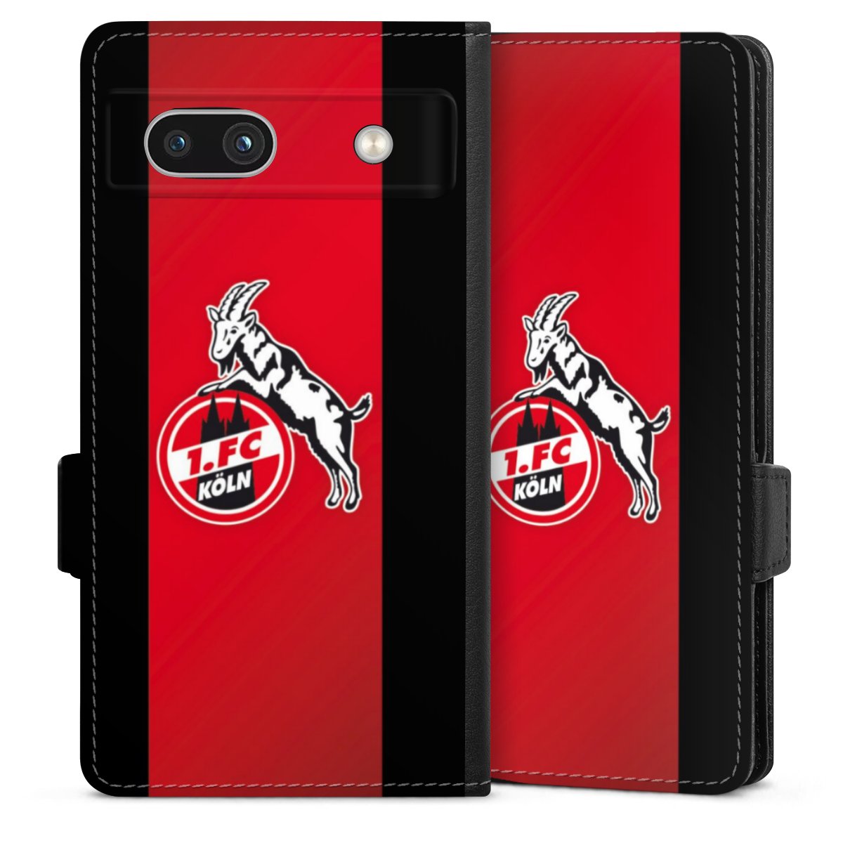 Google Pixel 7a Handy Klapphülle Handyhülle aus Kunst Leder schwarz Flip Case Official Licensed Product Billy Goat Hennes 1. Fc Köln Sideflip mit Lasche