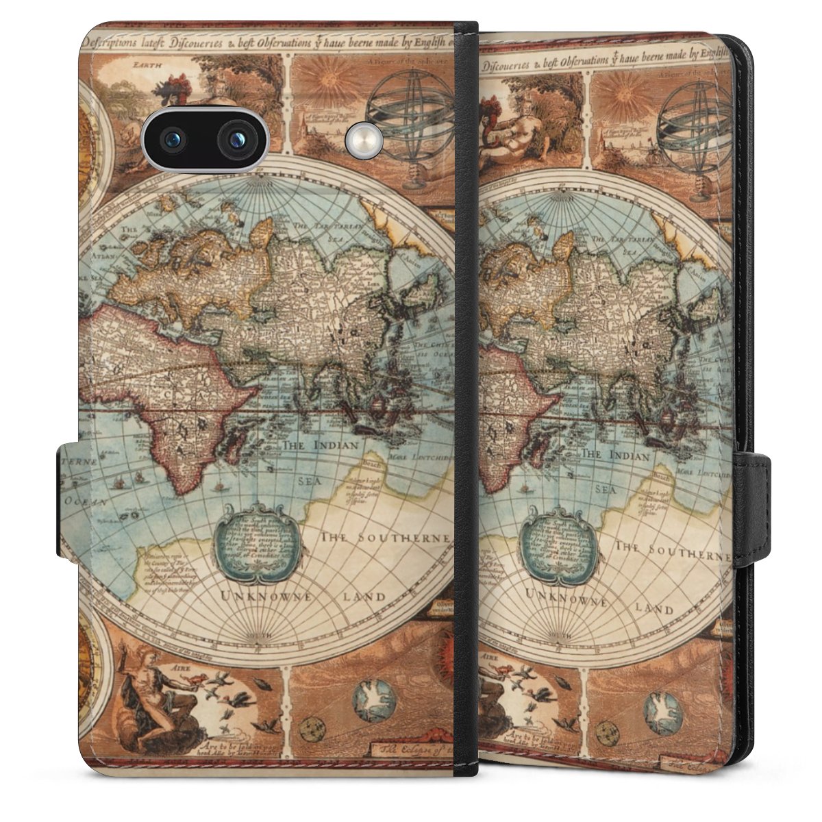 Google Pixel 7a Handy Klapphülle Handyhülle aus Kunst Leder schwarz Flip Case World Map Vintage Map Sideflip mit Lasche