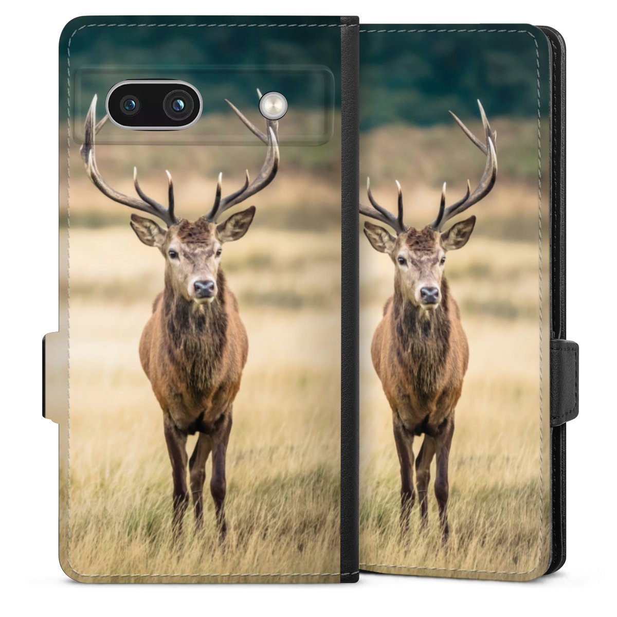 Google Pixel 7a Handy Klapphülle Handyhülle aus Kunst Leder schwarz Flip Case Deer Meadow Forrest Sideflip mit Lasche