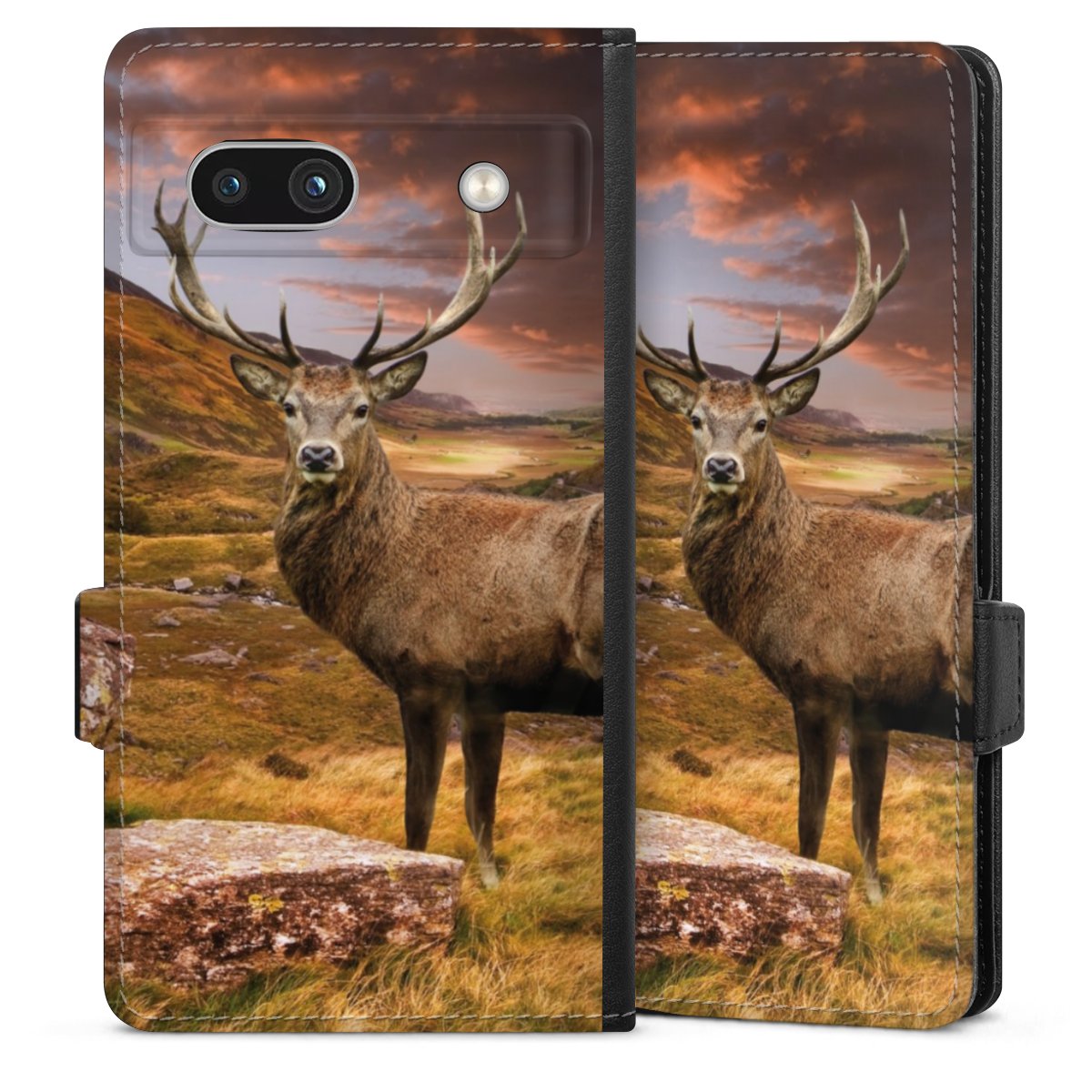 Google Pixel 7a Handy Klapphülle Handyhülle aus Kunst Leder schwarz Flip Case Meadow Mountain Deer Sideflip mit Lasche