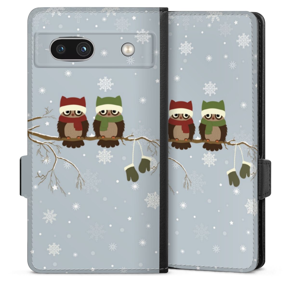 Google Pixel 7a Handy Klapphülle Handyhülle aus Kunst Leder schwarz Flip Case Owl Winter Christmas Sideflip mit Lasche