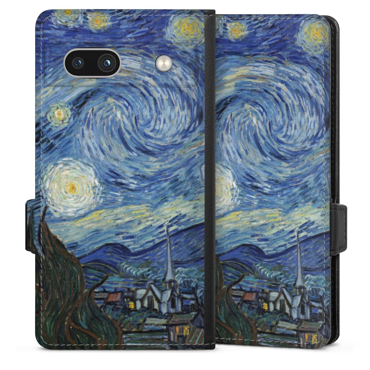 Google Pixel 7a Handy Klapphülle Handyhülle aus Kunst Leder schwarz Flip Case The Starry Night Kunst Vincent Van Gogh Sideflip mit Lasche