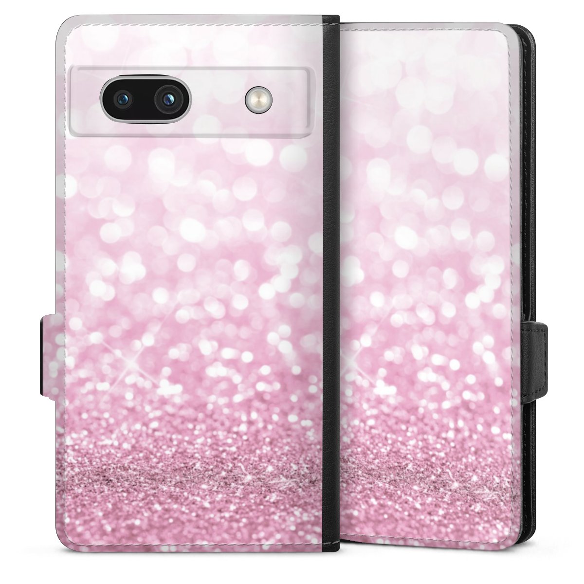 Google Pixel 7a Handy Klapphülle Handyhülle aus Kunst Leder schwarz Flip Case Glitzer Pink Shine Sideflip mit Lasche