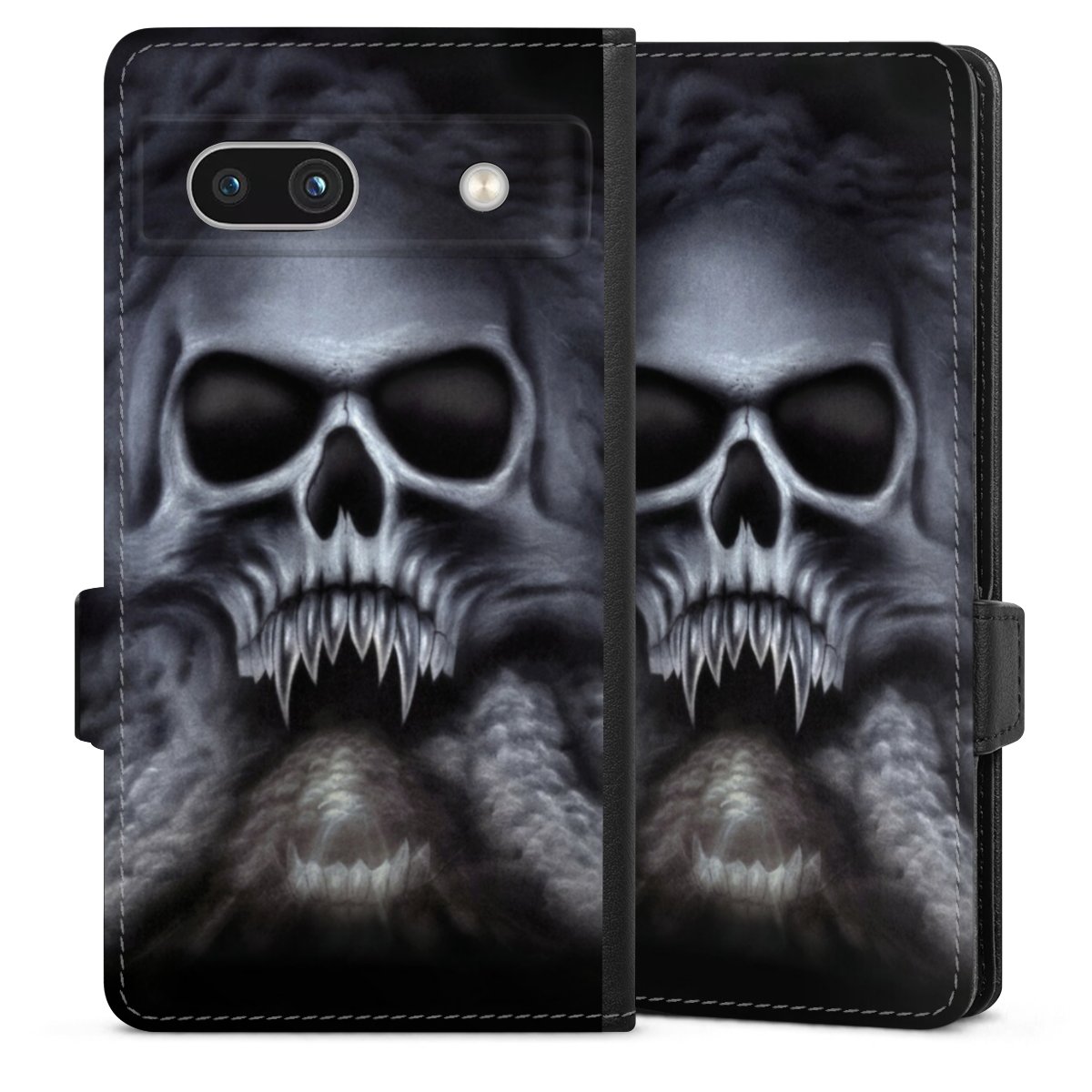 Google Pixel 7a Handy Klapphülle Handyhülle aus Kunst Leder schwarz Flip Case Totenkopf Skull Sideflip mit Lasche