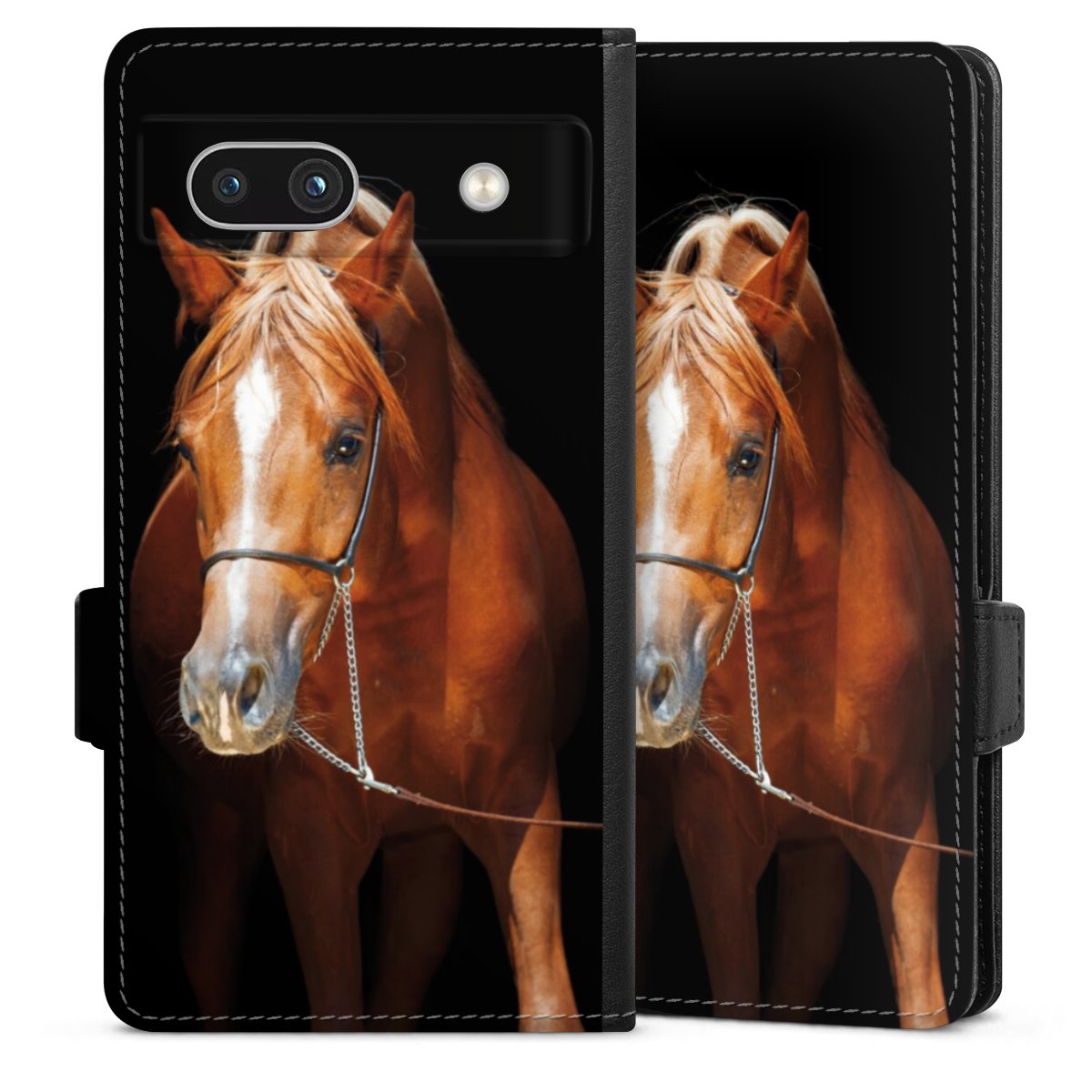 Google Pixel 7a Handy Klapphülle Handyhülle aus Kunst Leder schwarz Flip Case Mare Horse Hobby Sideflip mit Lasche