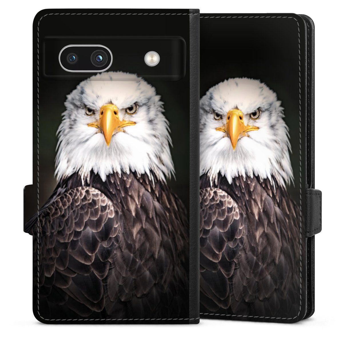 Google Pixel 7a Handy Klapphülle Handyhülle aus Kunst Leder schwarz Flip Case Eagle Bird Sideflip mit Lasche