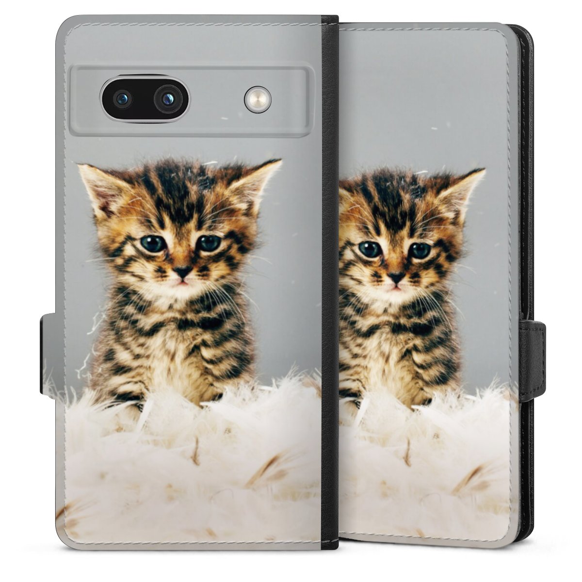 Google Pixel 7a Handy Klapphülle Handyhülle aus Kunst Leder schwarz Flip Case Cat Feather Pet Sideflip mit Lasche