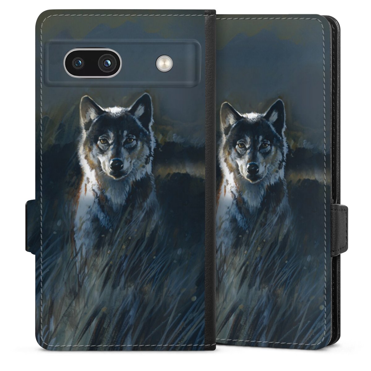 Google Pixel 7a Handy Klapphülle Handyhülle aus Kunst Leder schwarz Flip Case Nature Wolf Painting Sideflip mit Lasche