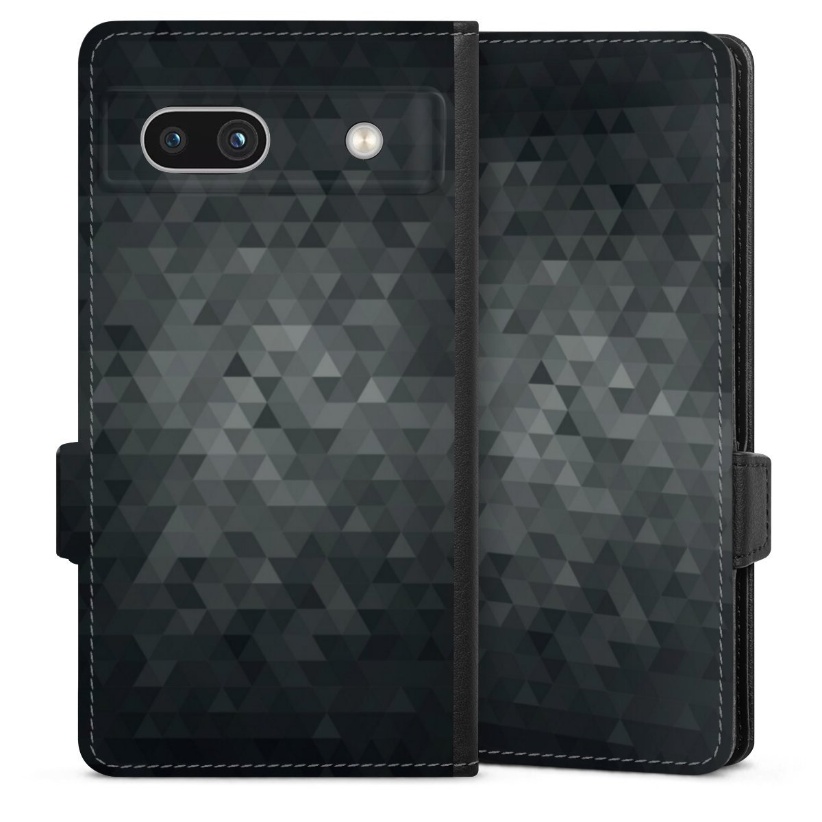 Google Pixel 7a Handy Klapphülle Handyhülle aus Kunst Leder schwarz Flip Case Black Triangle Muster Sideflip mit Lasche