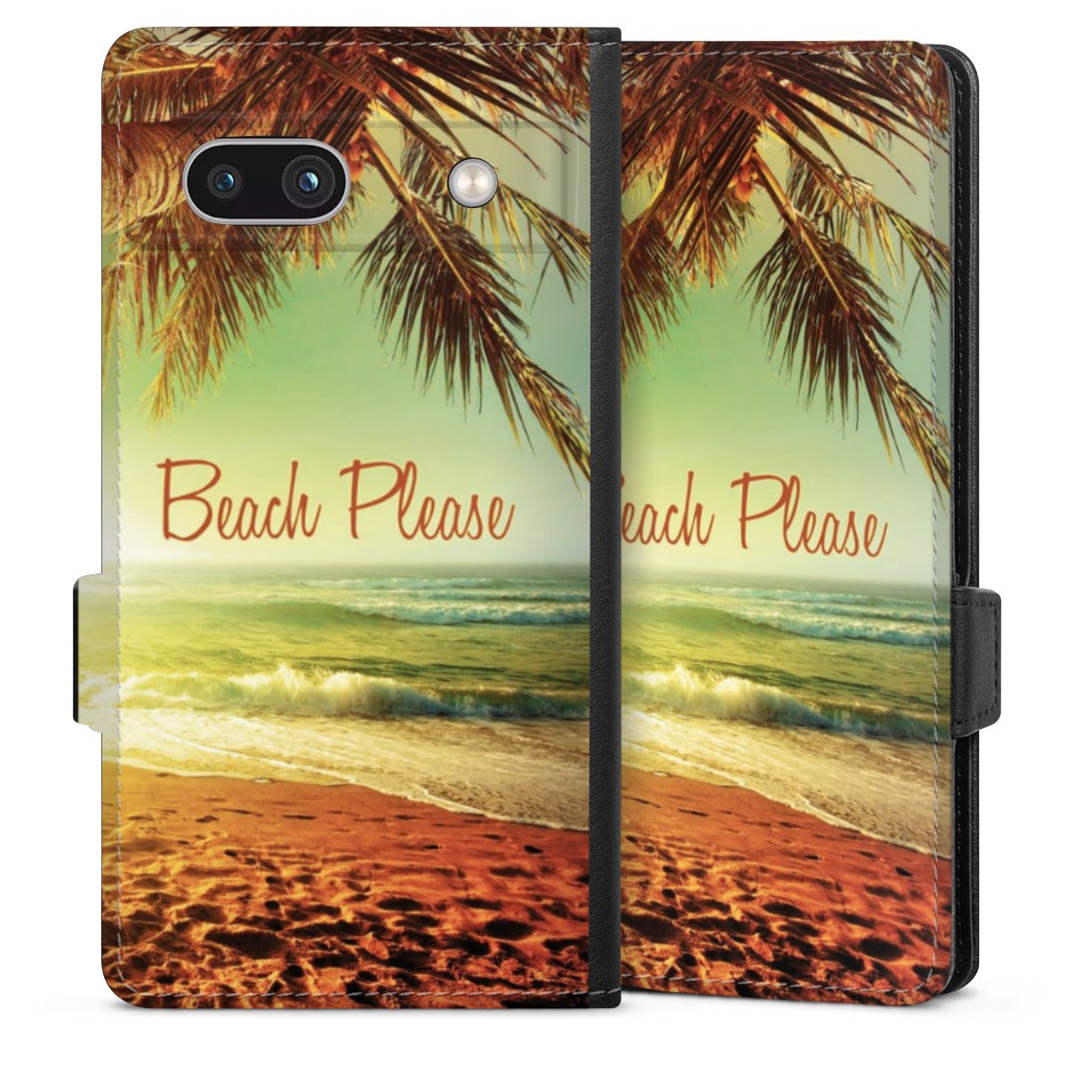 Google Pixel 7a Handy Klapphülle Handyhülle aus Kunst Leder schwarz Flip Case Beach Urlaub Palm Tree Sideflip mit Lasche