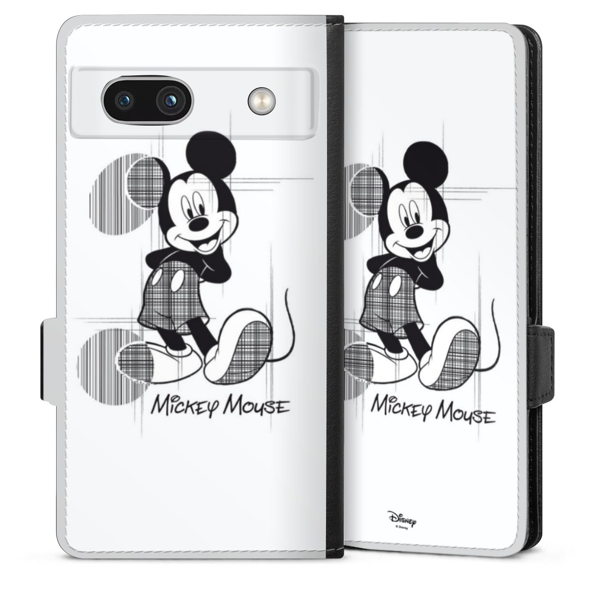 Google Pixel 7a Handy Klapphülle Handyhülle aus Kunst Leder schwarz Flip Case Disney Official Licensed Product Mickey Mouse Sideflip mit Lasche