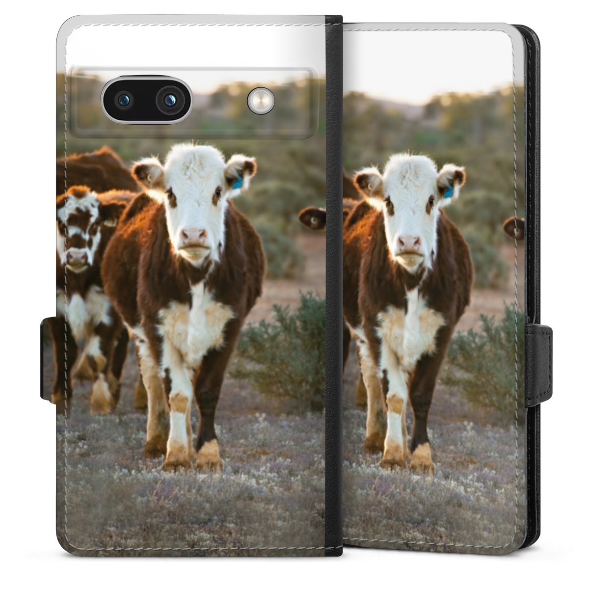 Google Pixel 7a Handy Klapphülle Handyhülle aus Kunst Leder schwarz Flip Case Cow Farmer Calf Sideflip mit Lasche