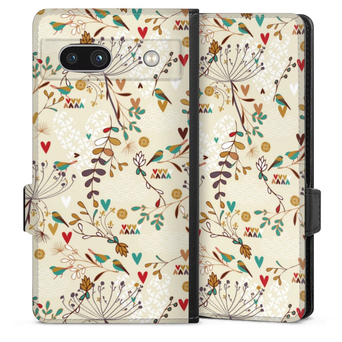 Google Pixel 7a Handy Klapphülle Handyhülle aus Kunst Leder schwarz Flip Case Bird Flowers Retro Sideflip mit Lasche