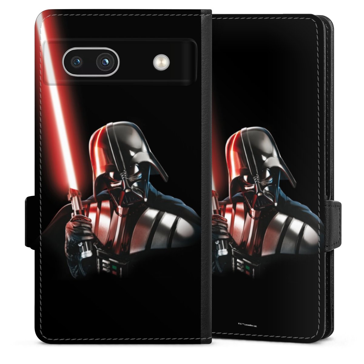 Google Pixel 7a Handy Klapphülle Handyhülle aus Kunst Leder schwarz Flip Case Star Wars Merchandise Darth Vader Sideflip mit Lasche