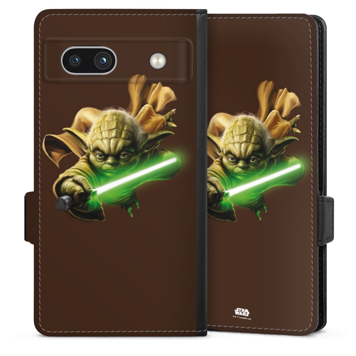 Google Pixel 7a Handy Klapphülle Handyhülle aus Kunst Leder schwarz Flip Case Yoda Merchandise Star Wars Sideflip mit Lasche