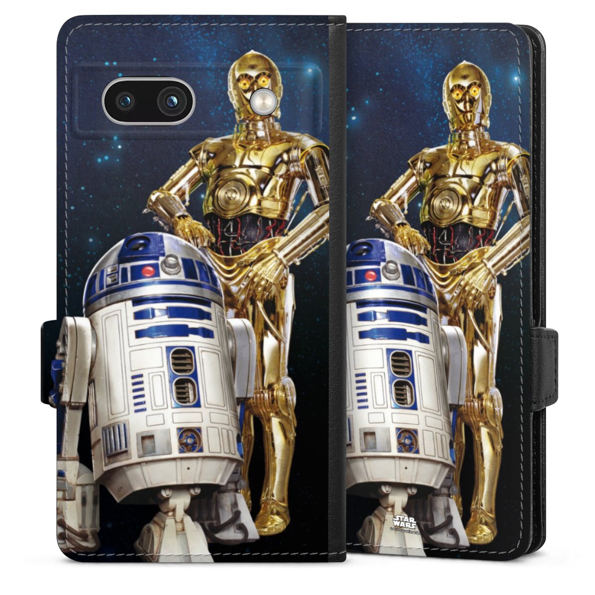 Google Pixel 7a Handy Klapphülle Handyhülle aus Kunst Leder schwarz Flip Case Weltall Star Wars R2d2 Sideflip mit Lasche