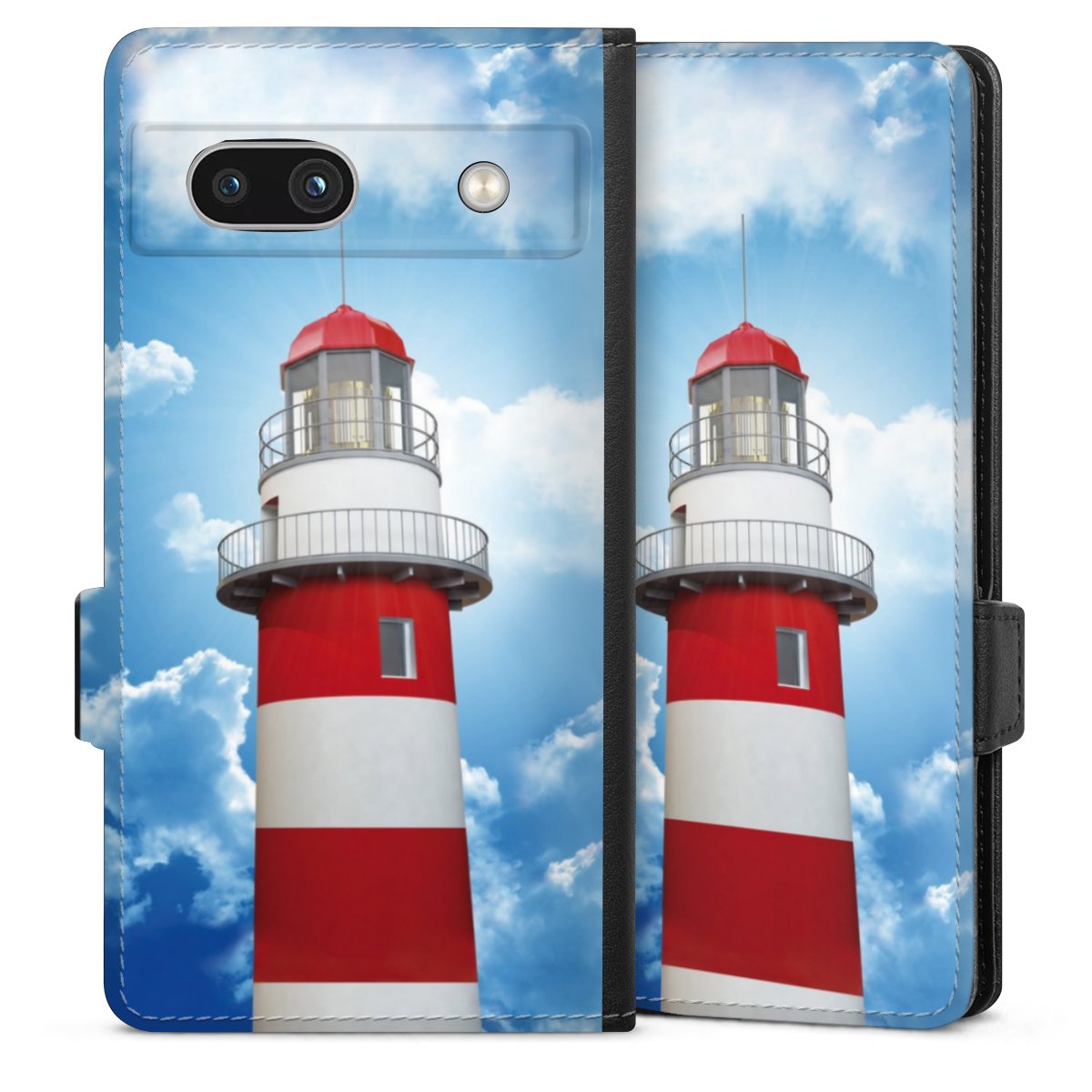 Google Pixel 7a Handy Klapphülle Handyhülle aus Kunst Leder schwarz Flip Case Lighthouse Sky Cloud Sideflip mit Lasche