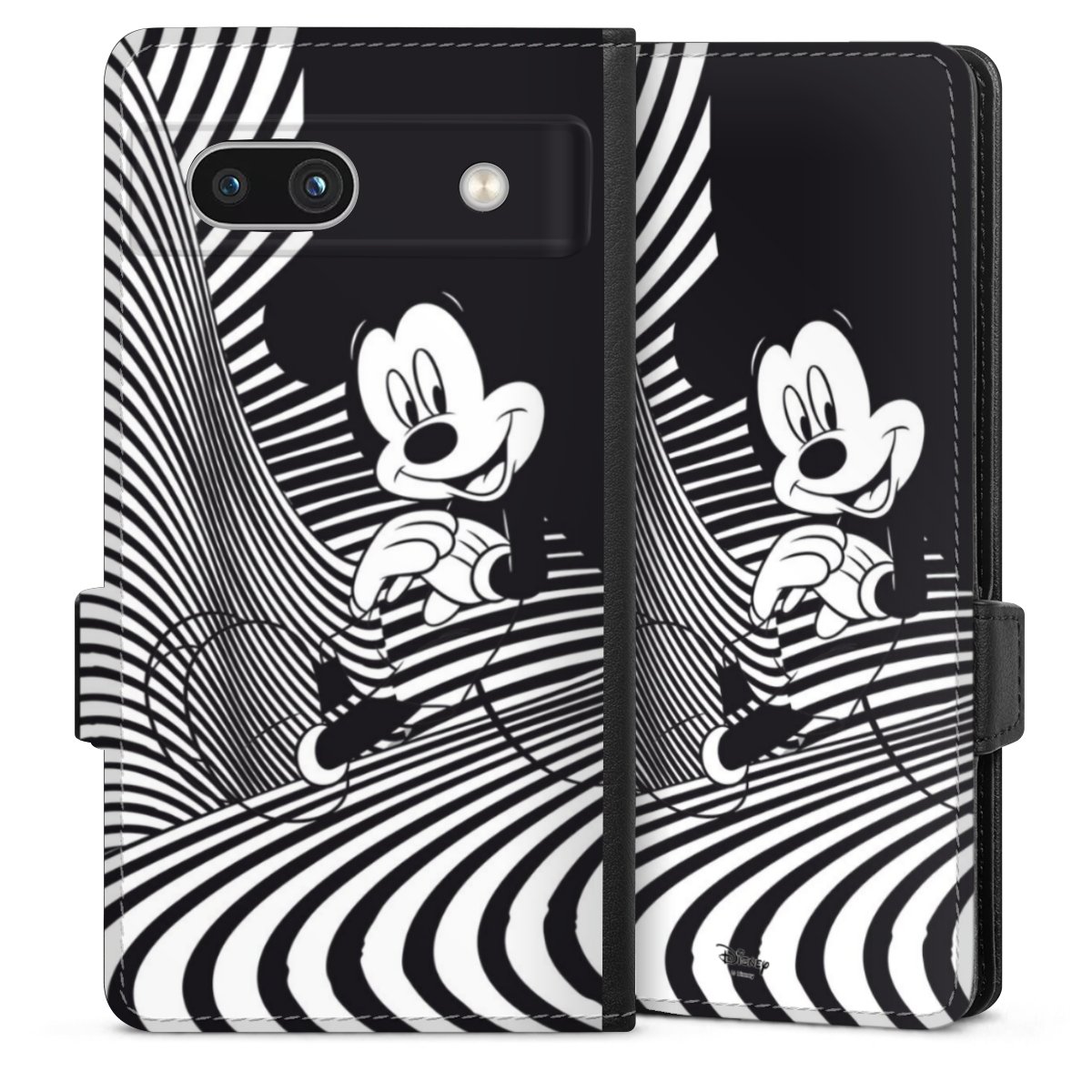 Google Pixel 7a Handy Klapphülle Handyhülle aus Kunst Leder schwarz Flip Case Disney Official Licensed Product Mickey Mouse Sideflip mit Lasche