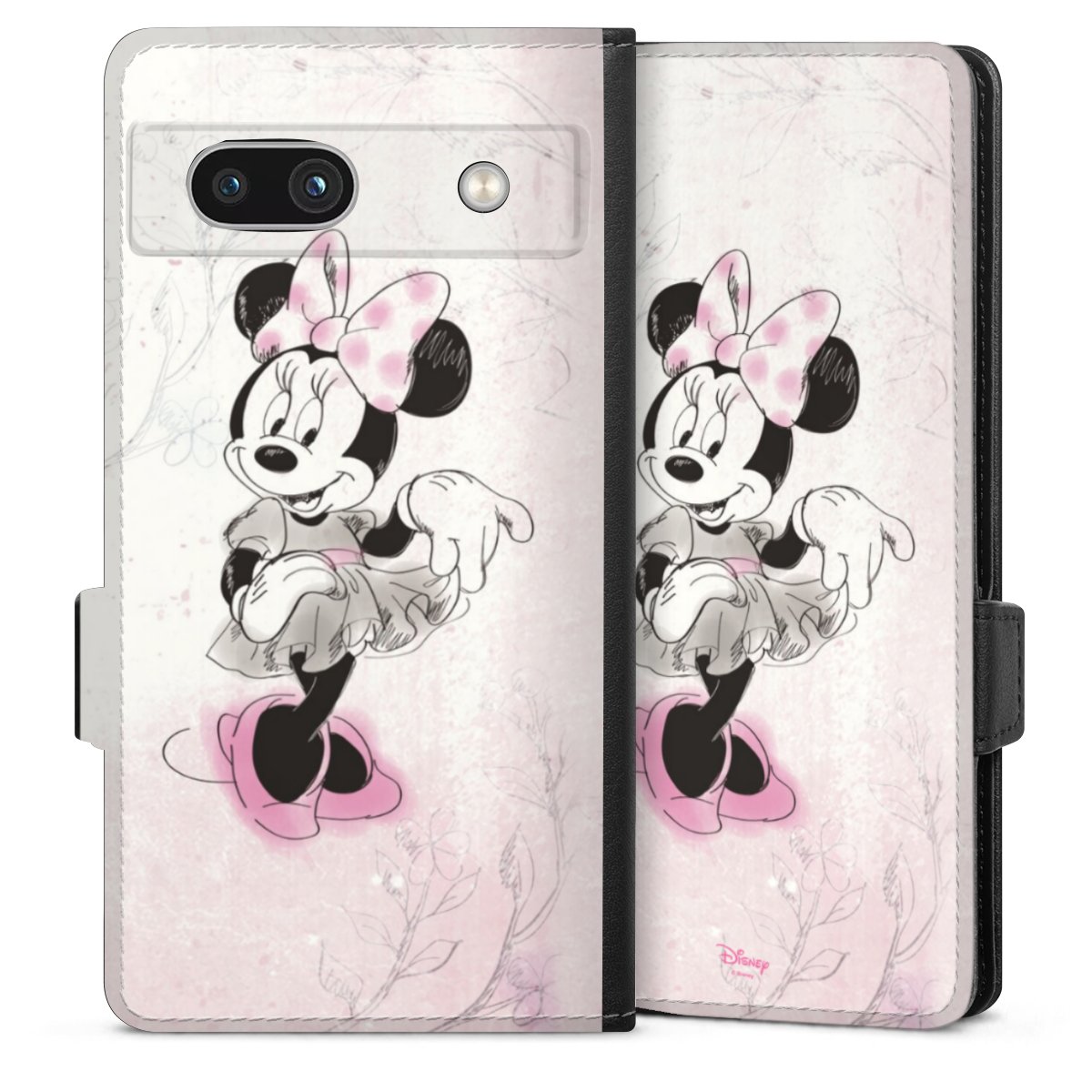 Google Pixel 7a Handy Klapphülle Handyhülle aus Kunst Leder schwarz Flip Case Disney Minnie Mouse Vintage Sideflip mit Lasche