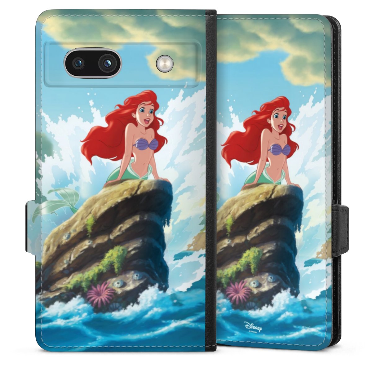 Google Pixel 7a Handy Klapphülle Handyhülle aus Kunst Leder schwarz Flip Case Mermaid Arielle Die Meerjungfrau Official Licensed Product Sideflip mit Lasche