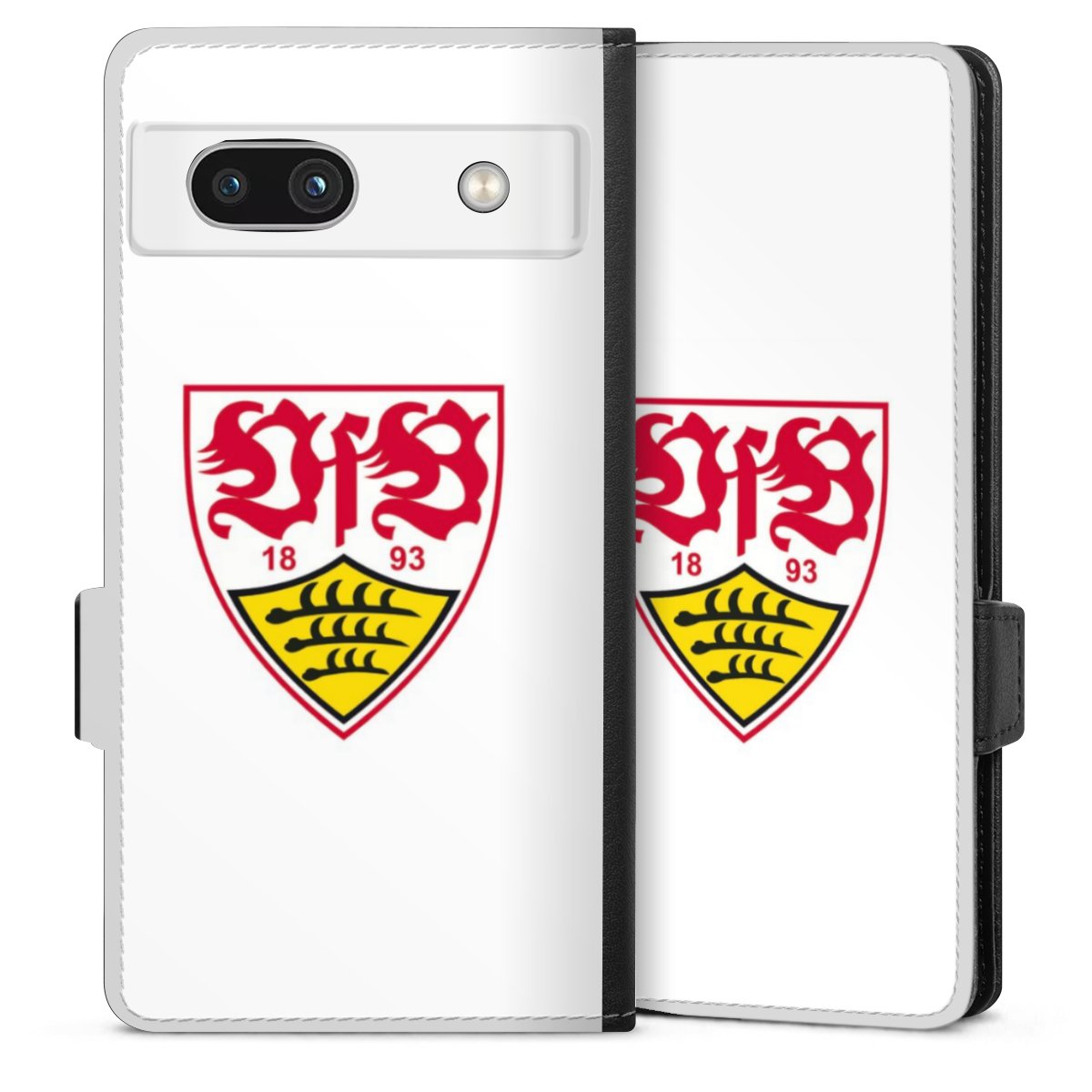 Google Pixel 7a Handy Klapphülle Handyhülle aus Kunst Leder schwarz Flip Case Logo Official Licensed Product Vfb Stuttgart Sideflip mit Lasche