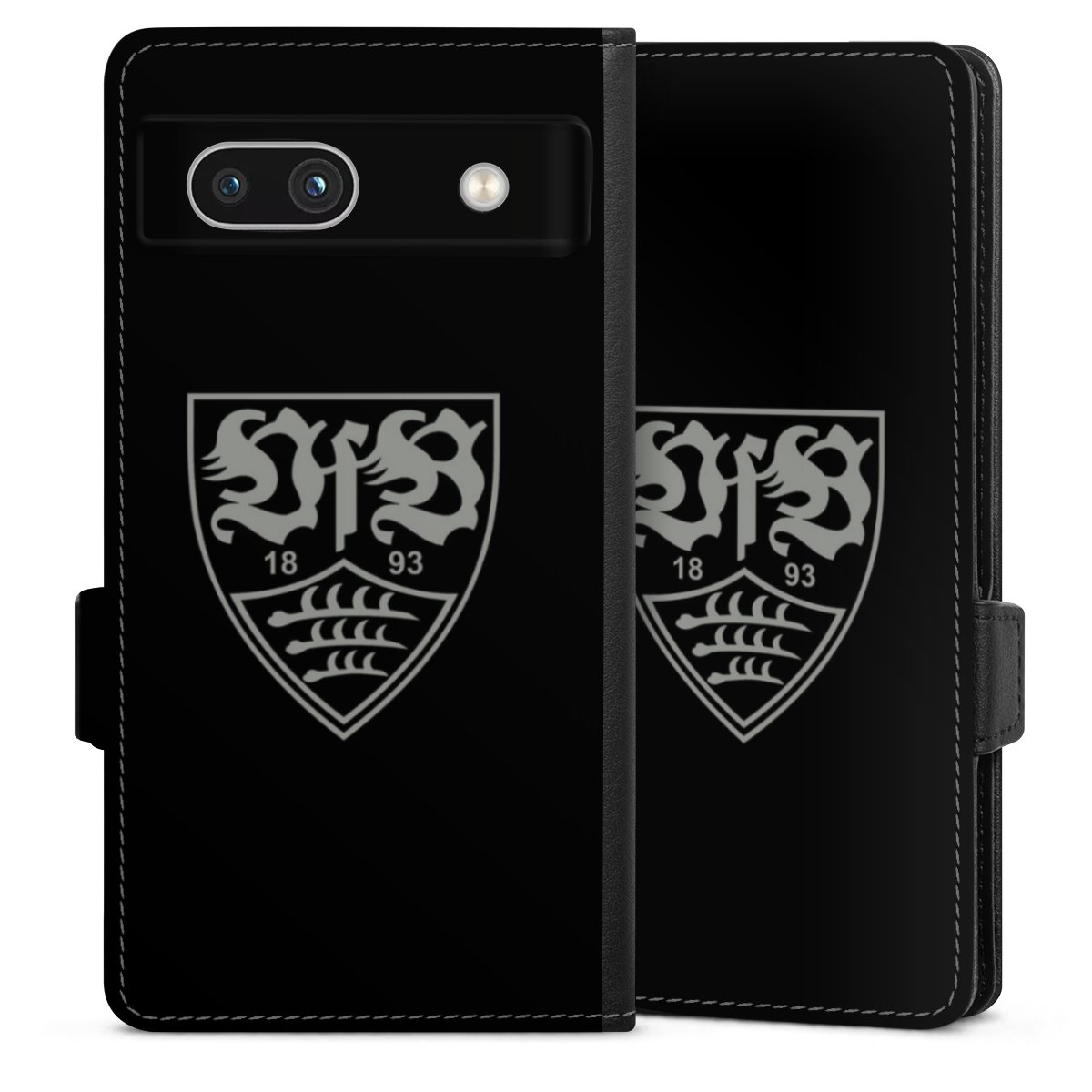 Google Pixel 7a Handy Klapphülle Handyhülle aus Kunst Leder schwarz Flip Case Official Licensed Product Vfb Stuttgart Sideflip mit Lasche