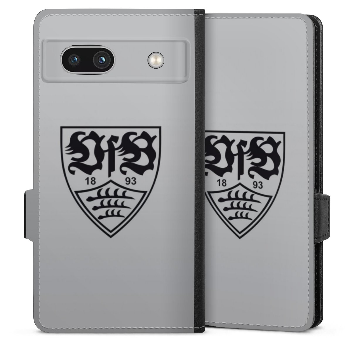 Google Pixel 7a Handy Klapphülle Handyhülle aus Kunst Leder schwarz Flip Case Logo Vfb Stuttgart Official Licensed Product Sideflip mit Lasche