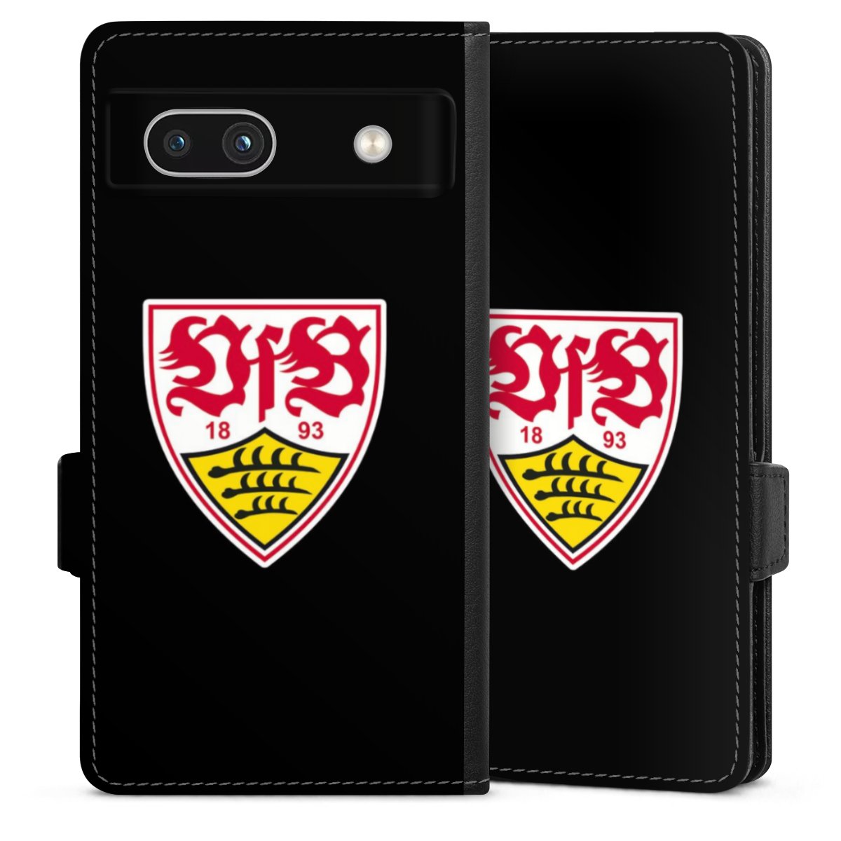 Google Pixel 7a Handy Klapphülle Handyhülle aus Kunst Leder schwarz Flip Case Vfb Stuttgart Official Licensed Product Coat Of Arms Sideflip mit Lasche